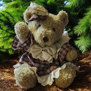 Vtg 90s TL Toys Bear Plush Stuffed Animal Plaid Dress 12" Movable Arms Legs Head